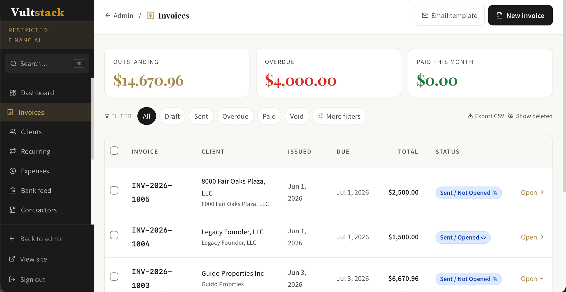 Vultstack brokerage invoicing screen with outstanding and overdue balances, invoice list, and sent and opened statuses